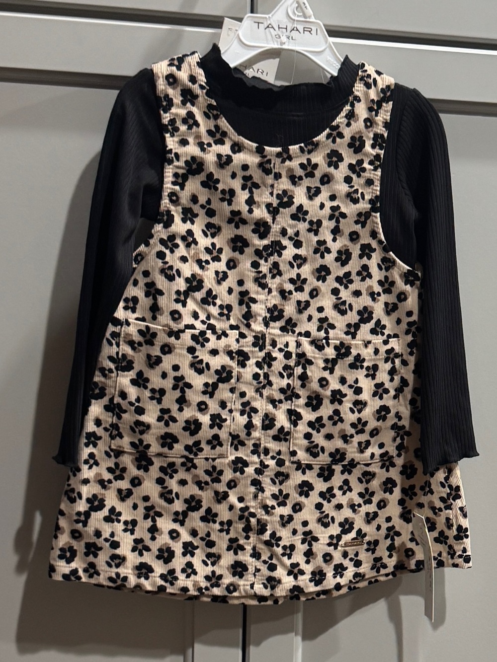 Tahari Cream Floral Pinafore Dress with Black Top